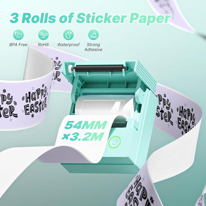 TYPONOS Genuine Self-Adhesive Thermal Printer Stickers, 54mmx3.2m Sticker Paper, Compatible with PM290 Mini Sticker Printer, Thermal Sticker Paper for Journal, Study, Photos, 3 Rolls, Blue/Pink/Purple - Image 2
